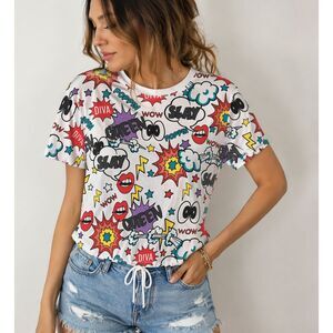 Y2K Pop Art Graphic Tee Women’s Medium White Crop Top Slay Queen Diva Shirt NWT